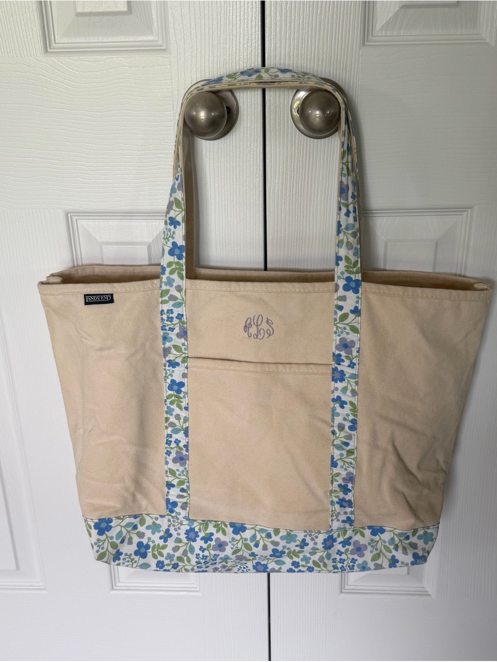 Lands' End Cream Canvas Tote with Blue and Purple Floral Trim